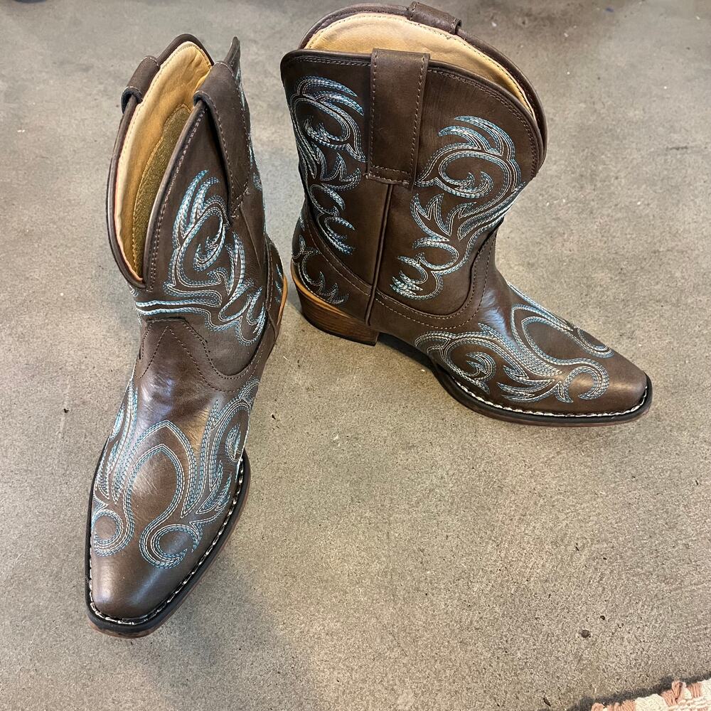 Roper Brown leather teal blue western cowboy ankle boots womens 6 NEW country